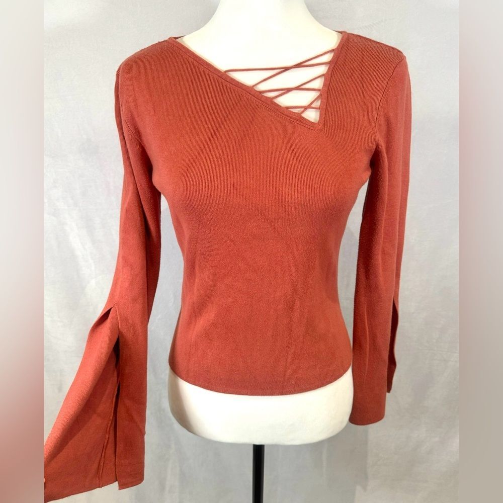 Capri bamboo cotton long sleeve asymmetrical neck sweater top in rust size small